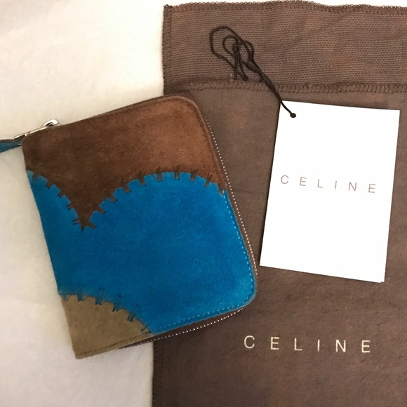 ❌SOLD M ❌ CELINE Suede Leather Wallet Card Holder Coin Purse Blue Brown EUC - Picture 3 of 8