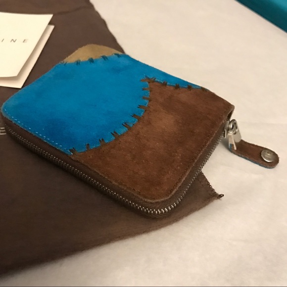 ❌SOLD M ❌ CELINE Suede Leather Wallet Card Holder Coin Purse Blue Brown EUC - Picture 4 of 8