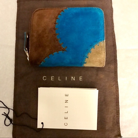❌SOLD M ❌ CELINE Suede Leather Wallet Card Holder Coin Purse Blue Brown EUC - Picture 2 of 8