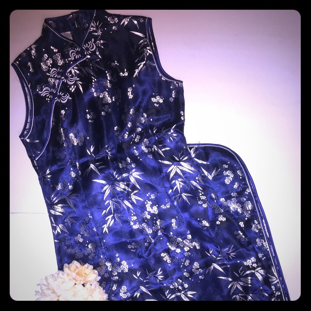 Blue Floral Quipao Sleeveless Dress