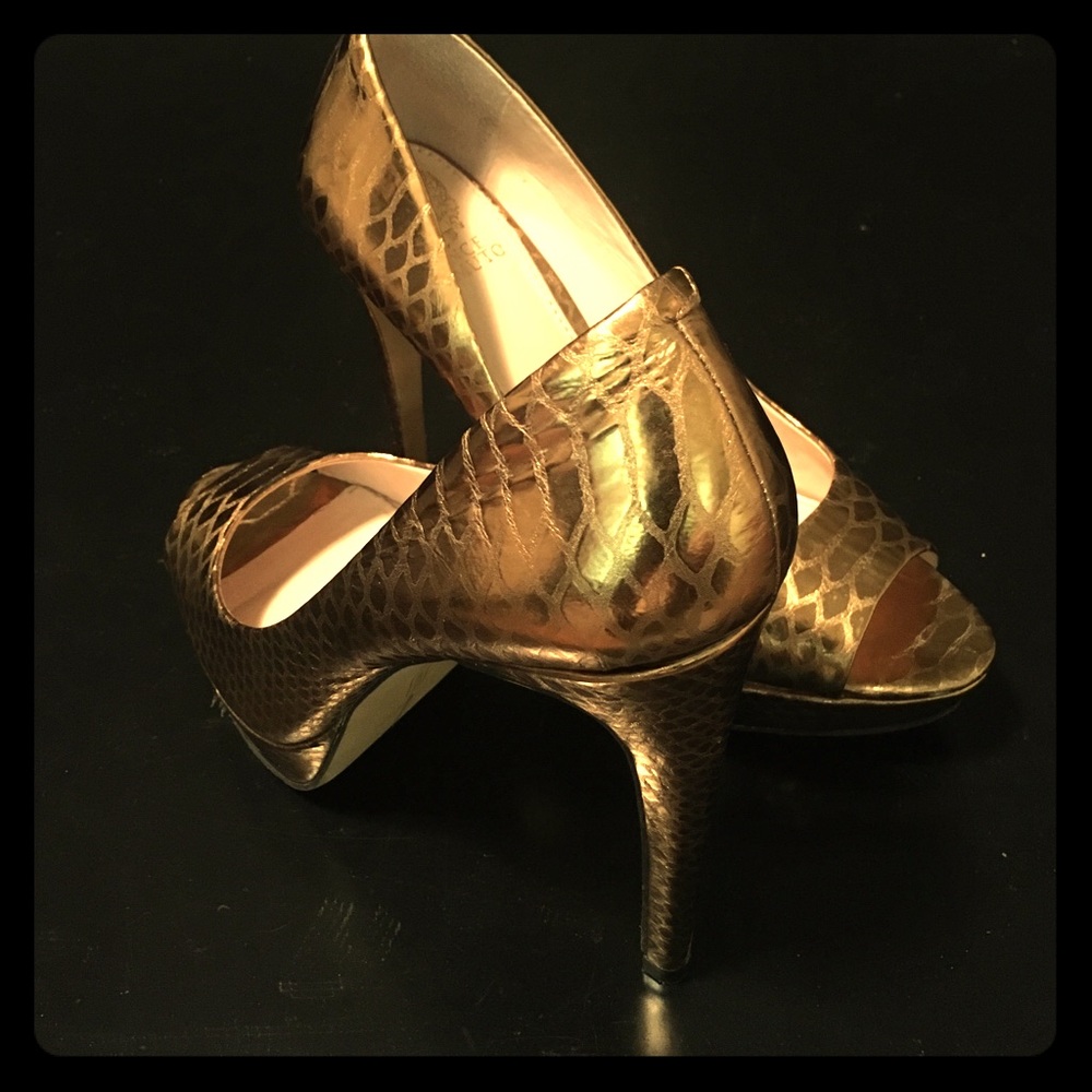 Copper Mirror Snake Print Peep-toe platforms