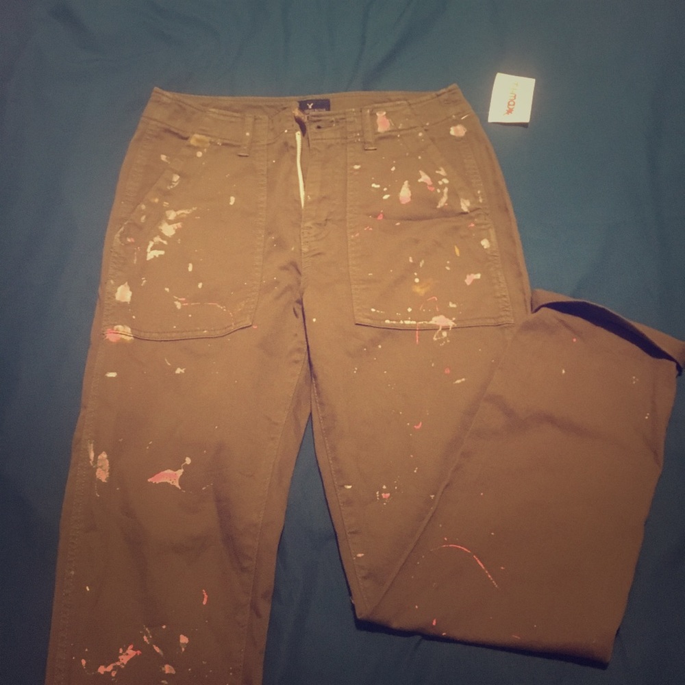 Olive green splatter paint skinny jeans