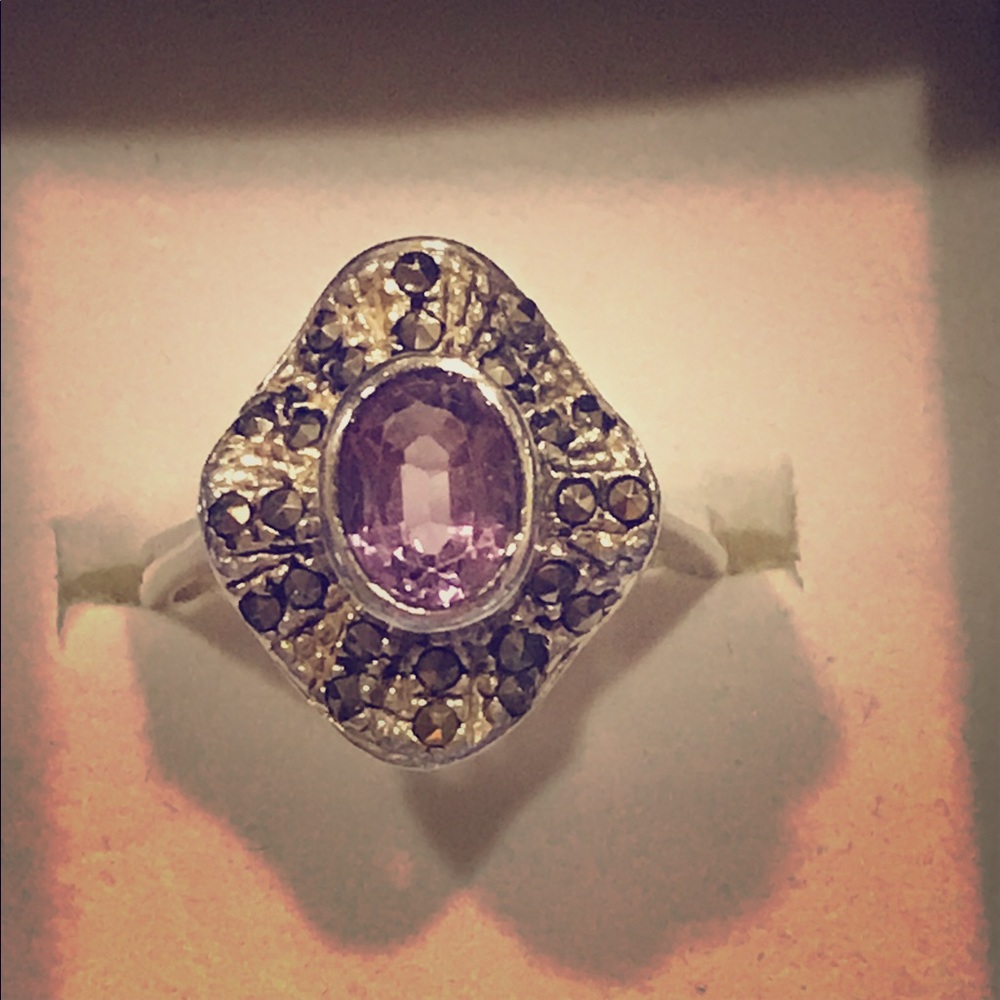 Floral Amethyst Marcasite silver ring