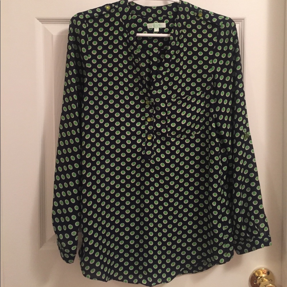 Navy Blouse with Green Dots!