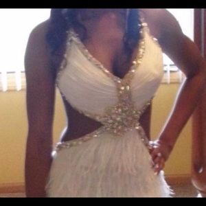 Ivory  feather  prom dress with iridescent beading