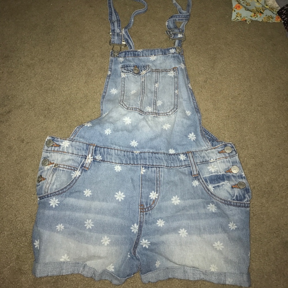 Floral Printed Denim Overall Shorts