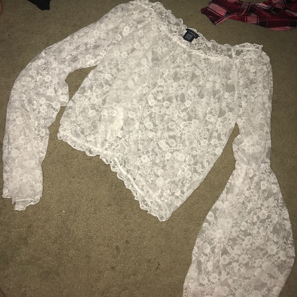 white Lacey cropped top with flared arms