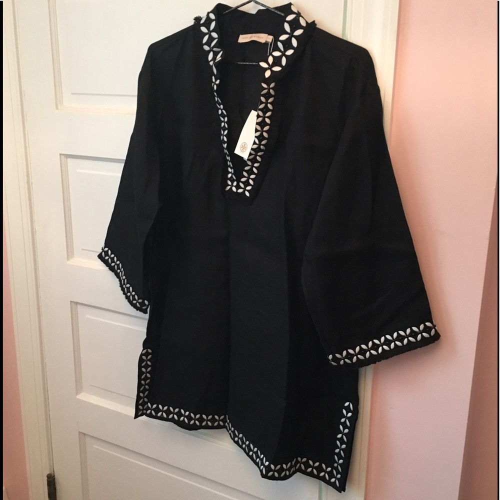 Tory Burch black linen embellished tunic