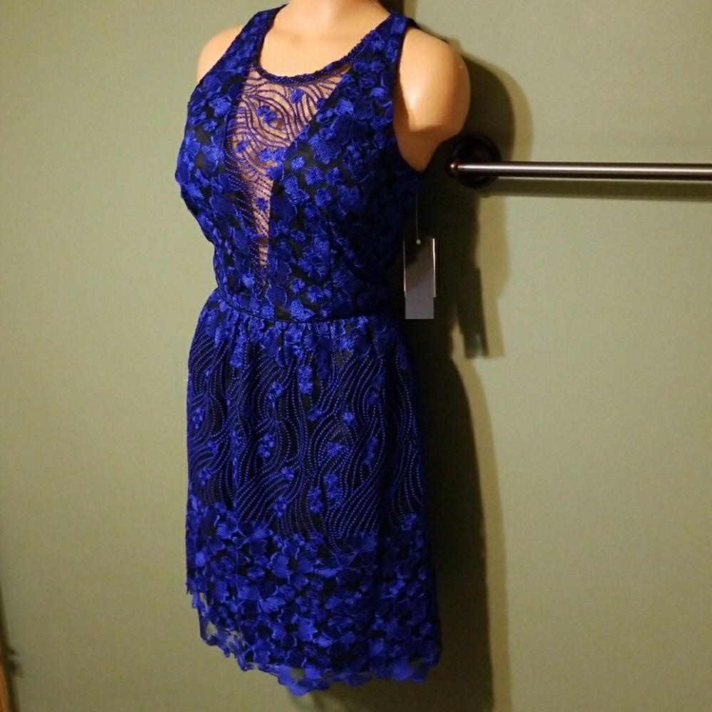 Aqua NWT Blue Embroidered on Black Illusion dress