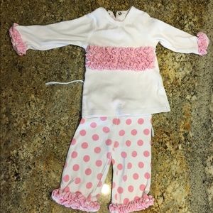 Mud pie pink and white  ruffle outfit polka dot