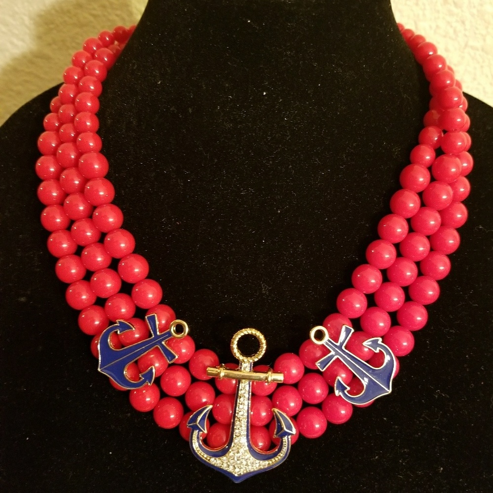 Nautical Red beaded triple strand necklace