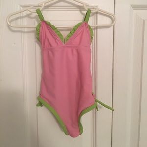 Pink and green swim suit ruffle butt