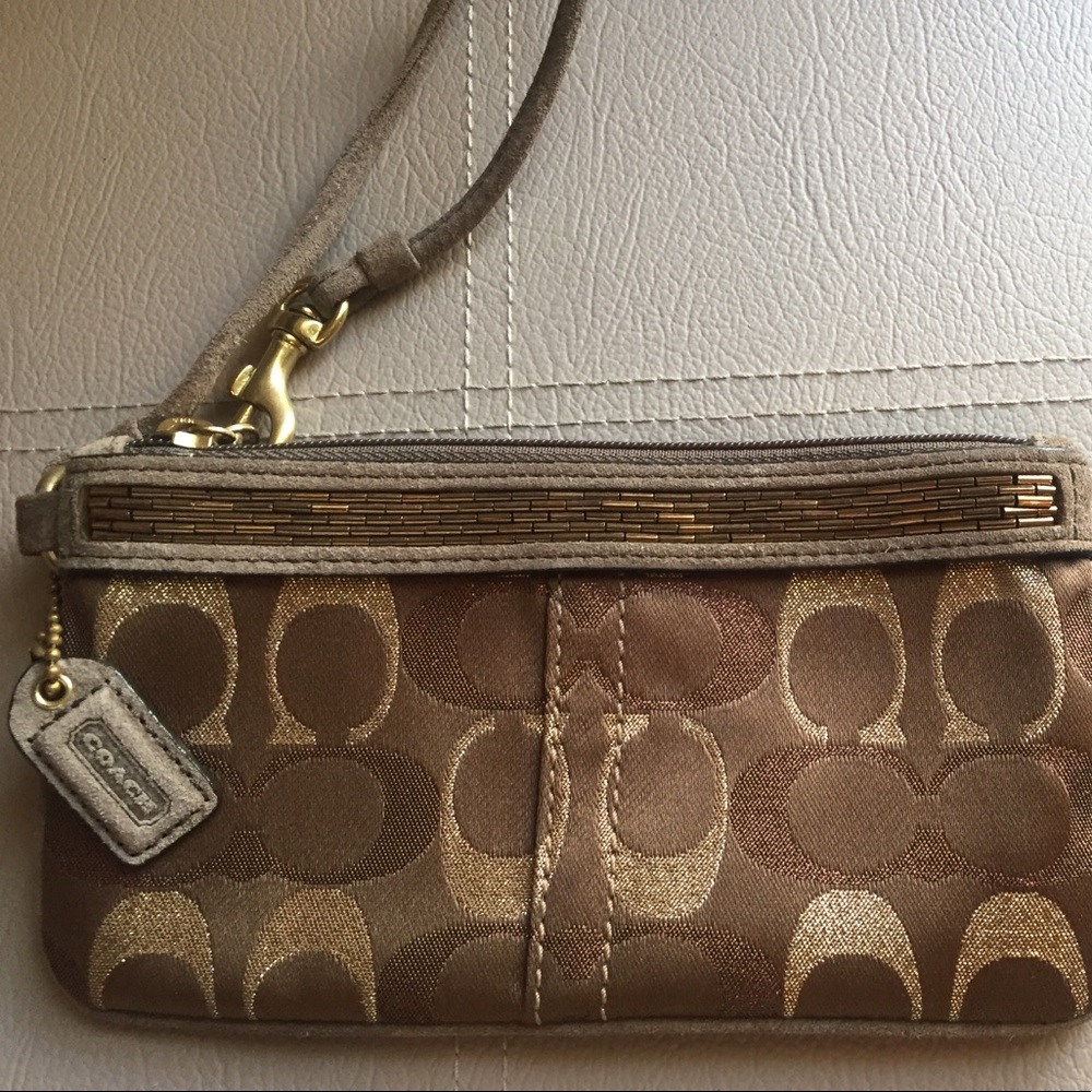 Brown Beaded Coach Wristlet