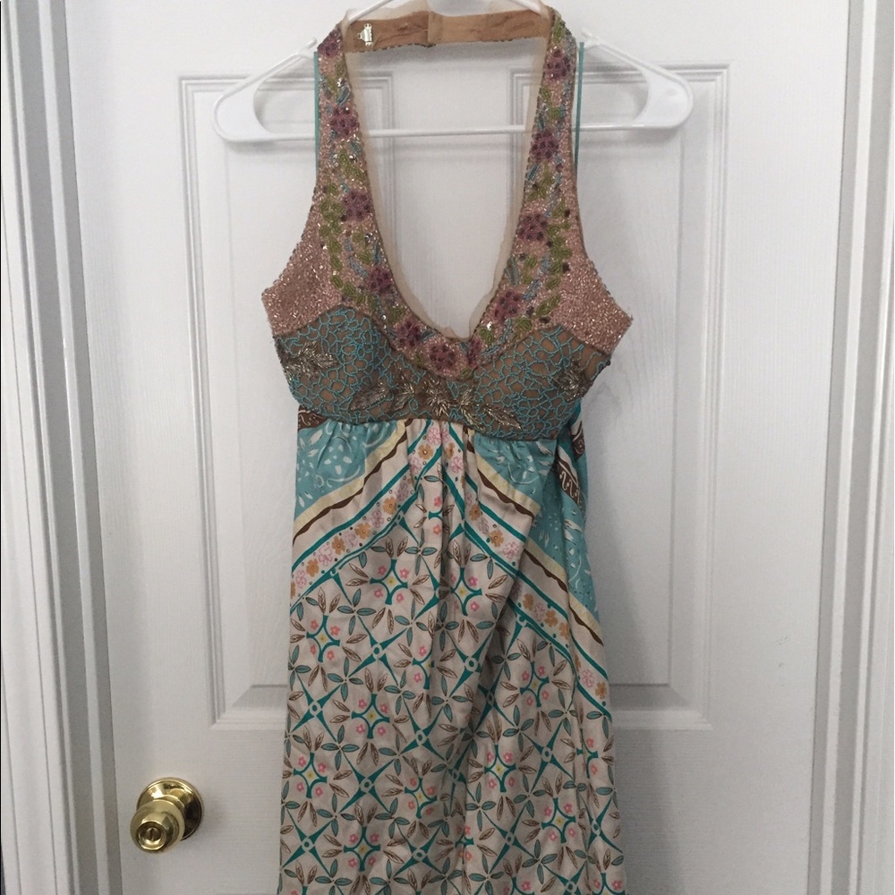Patterned Beaded Silk Halter Dress