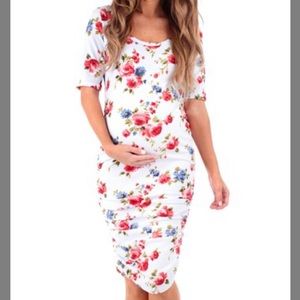 White floral ruched maternity dress