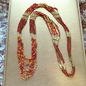 Orange/pink/brown-beaded layered chain necklace