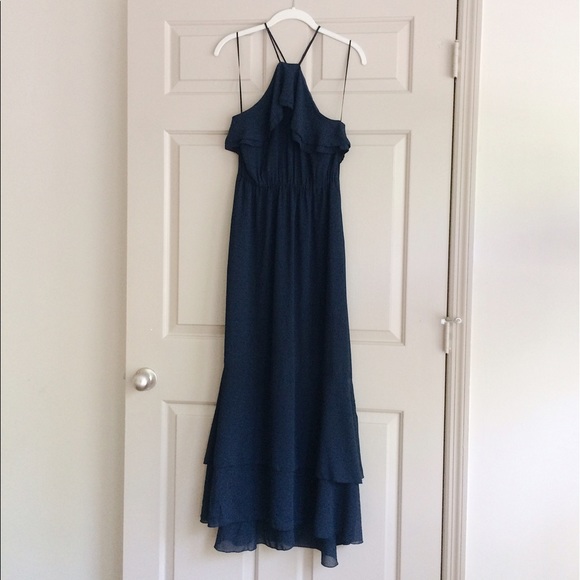 navy ruffle maxi dress