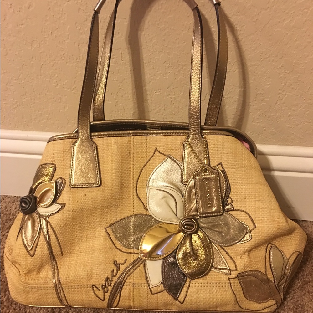 Coach Gold straw shoulder purse