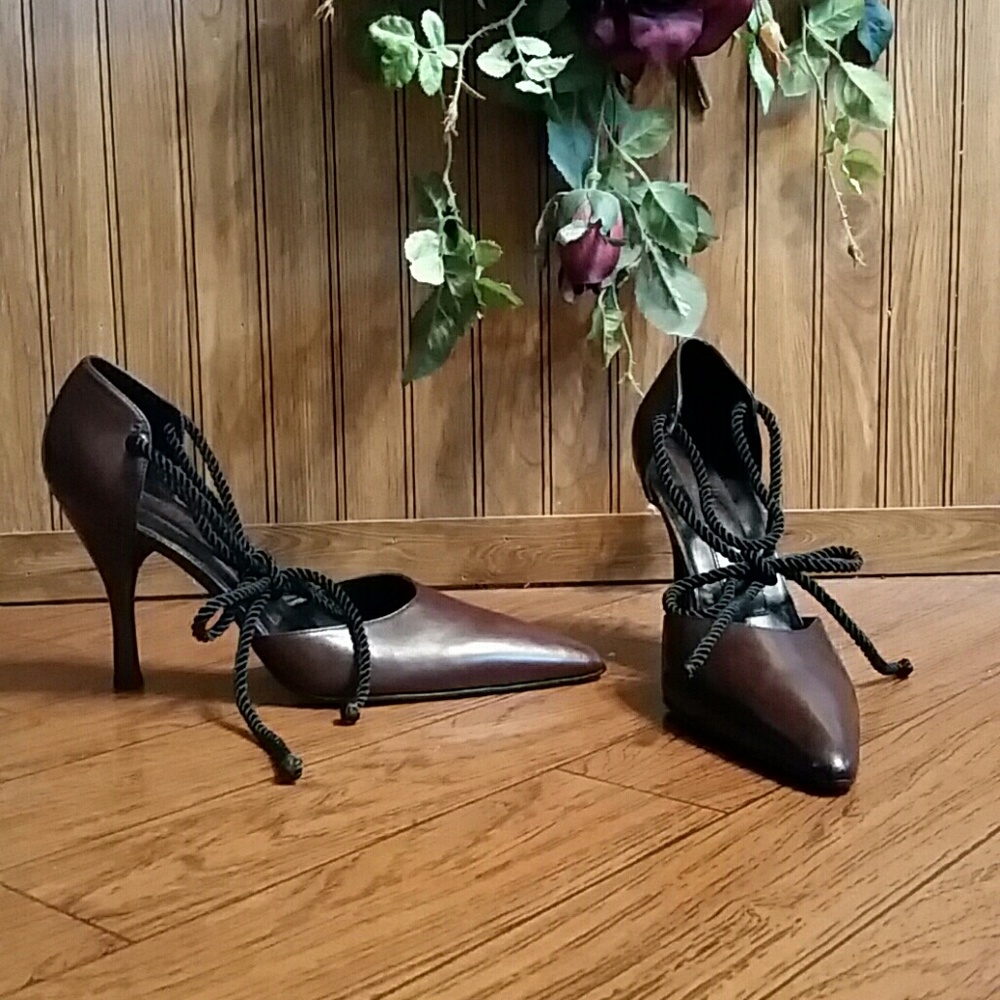 Ankle Wrap Tie Brown Heels Shoes Paris