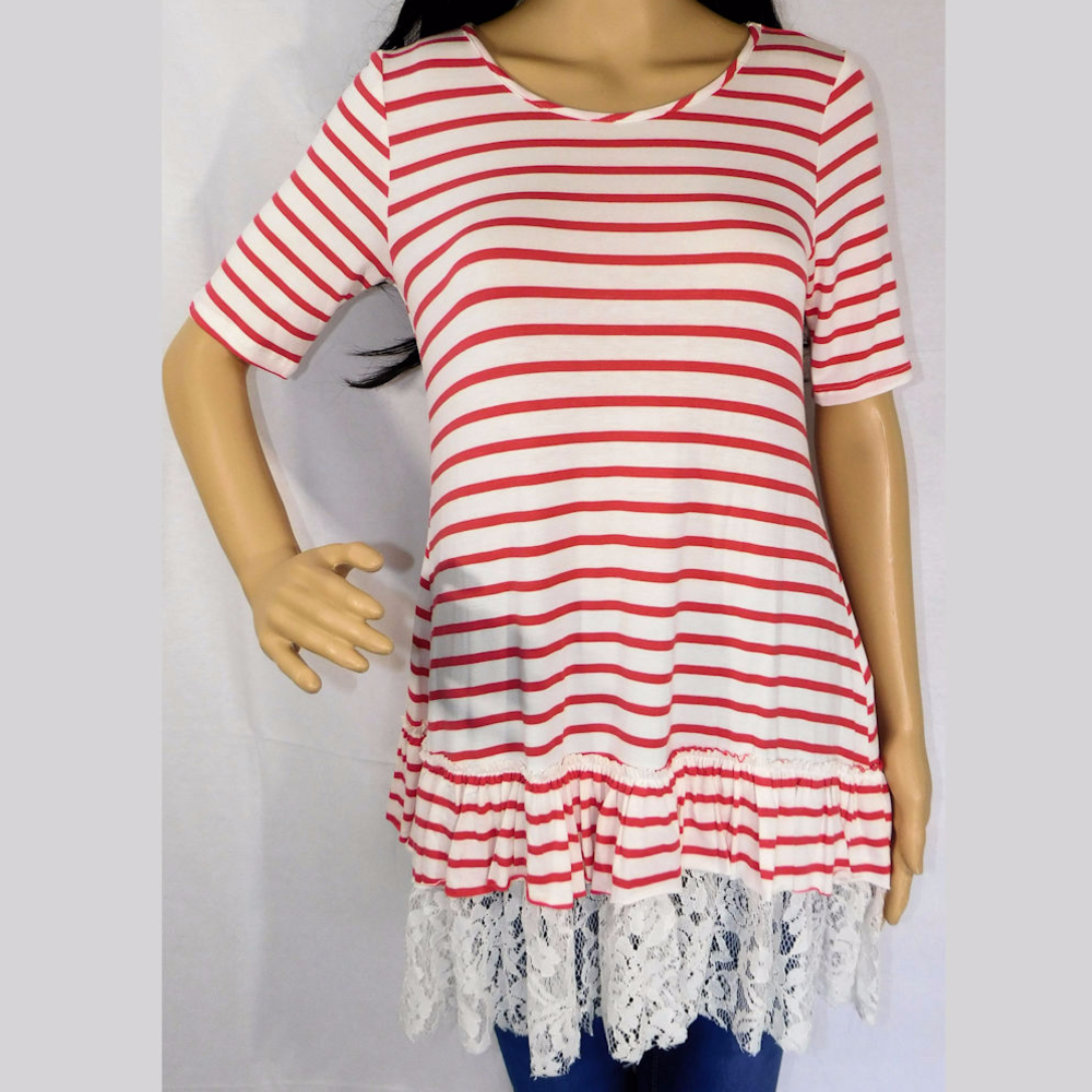 Dark Coral & White Stripe Top With Lace Trim