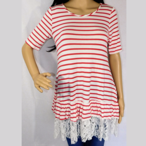 Dark Coral & White Stripe Top With Lace Trim