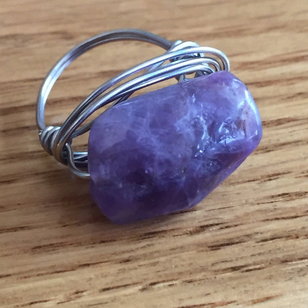 Handmade amethyst stainless steel wire wrap ring