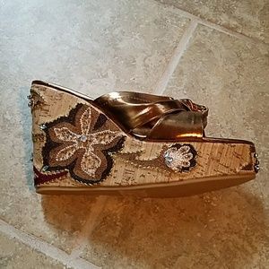 Embellished cork platform wedges