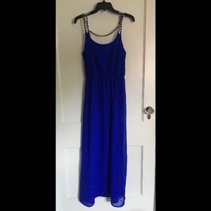 Gold Chain Electric Blue Maxi Chiffon Dress