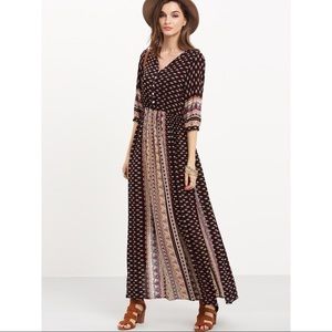 Black Half Sleeve Vintage Print Split Maxi Dress