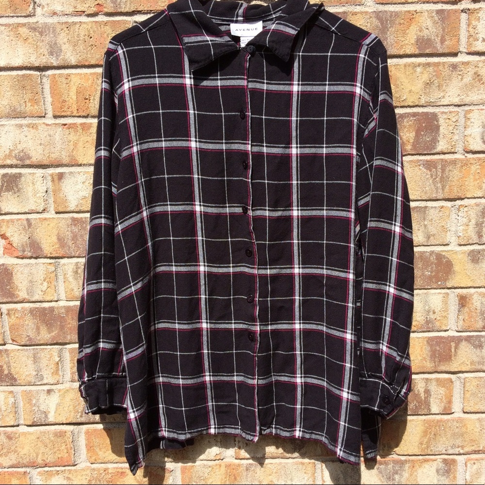 Avenue button down black and pink plaid shirt