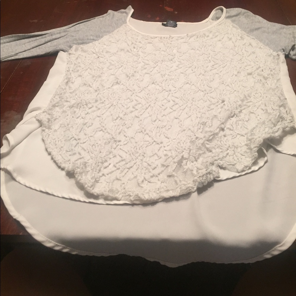 Grey and white lace blouse.