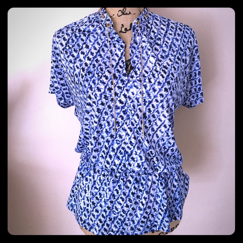 NWT Michael Kors Blue/White Peplum Top Sz S
