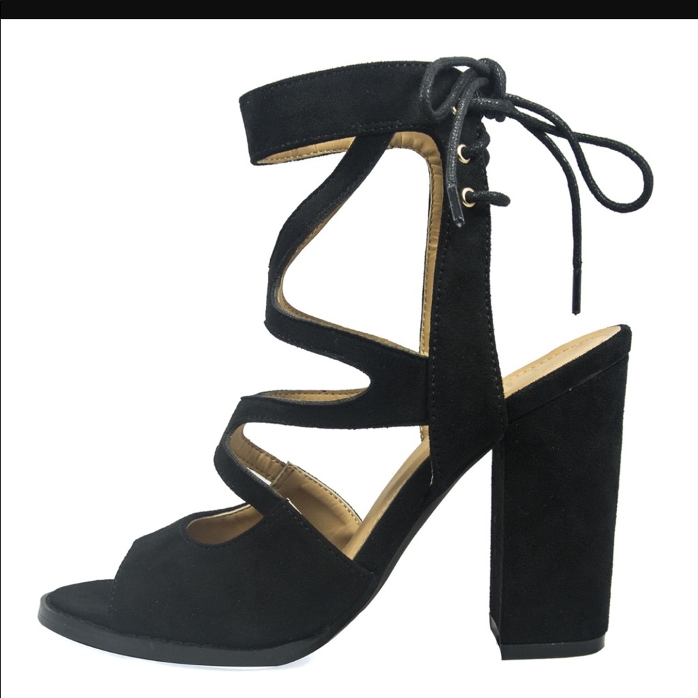 Black strapped Suede lace up chunky heel - Picture 5 of 5