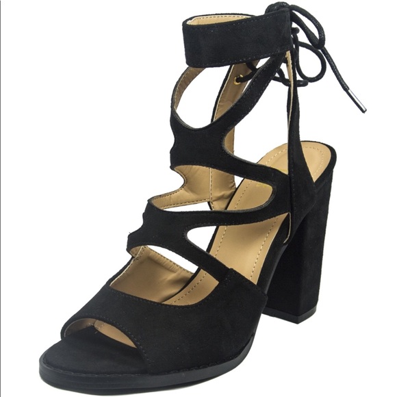 Black strapped Suede lace up chunky heel - Picture 4 of 5