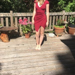 NWT BooHoo dark red asymmetrical bodycon dress