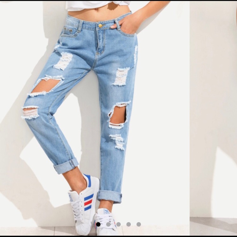 Blue Distressed Boyfriend Jeans