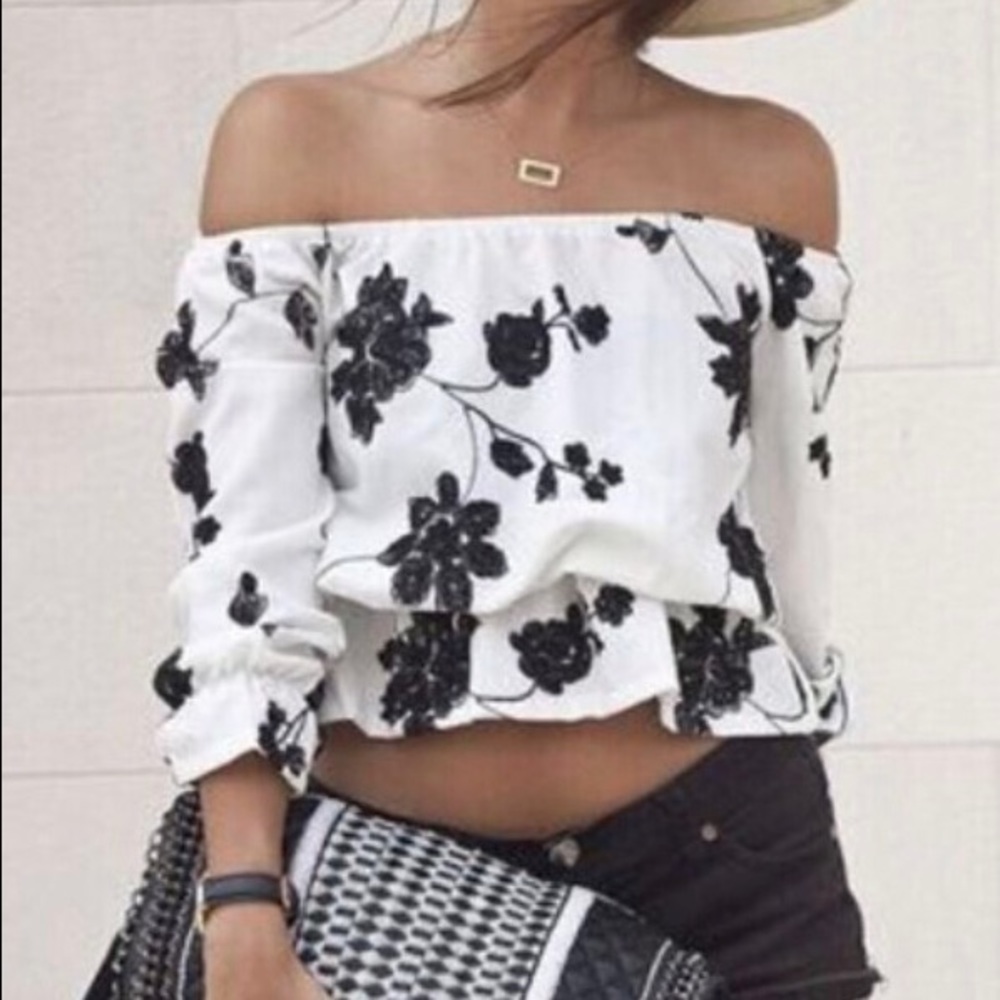 White Black Off the Shoulder Floral Blouse