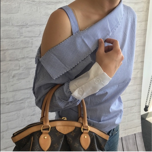 Last One! One shoulder blue striped shirt - Picture 2 of 4