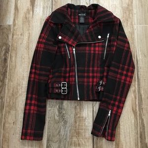Black and red plaid moto jacket