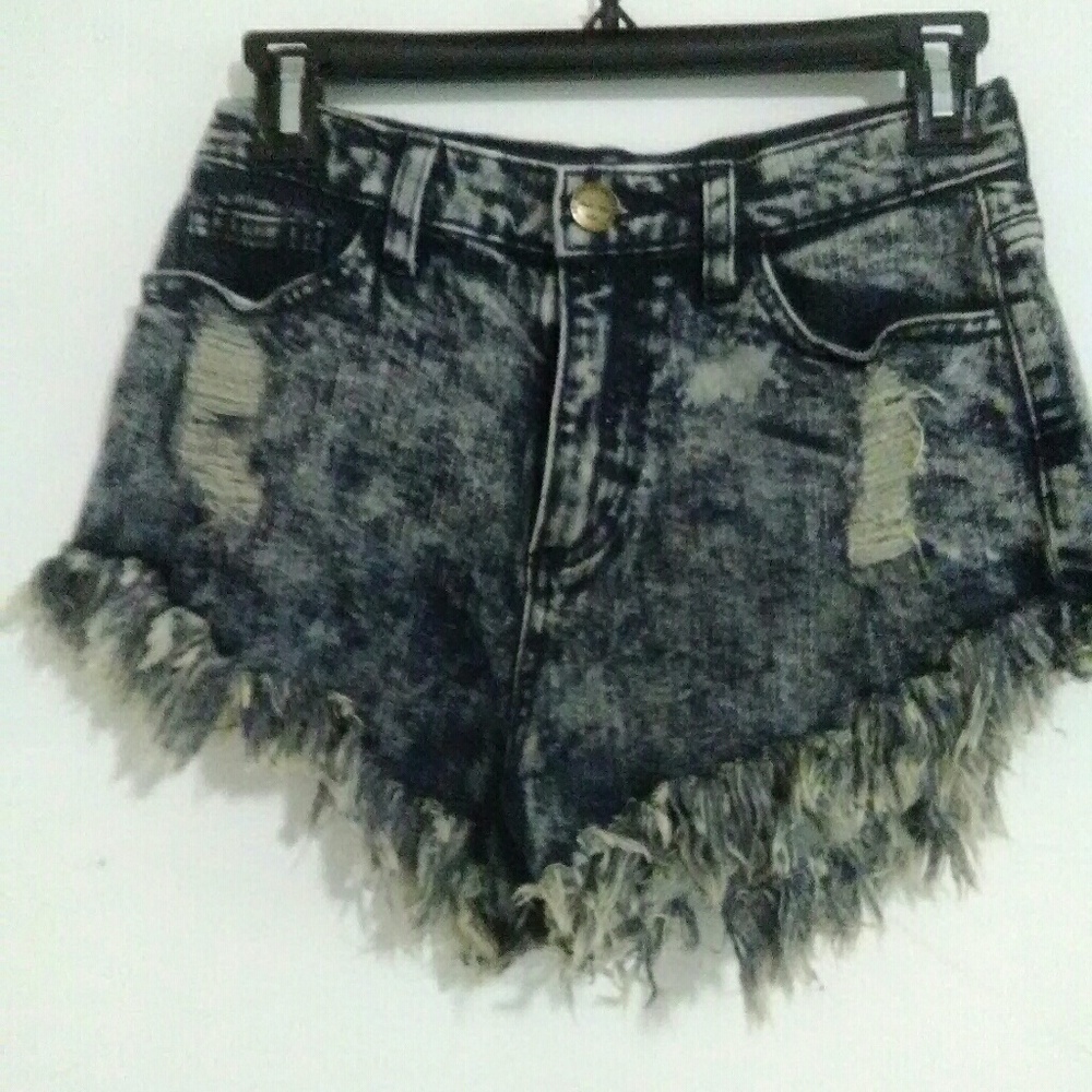 High rise distressed acid wash shorts