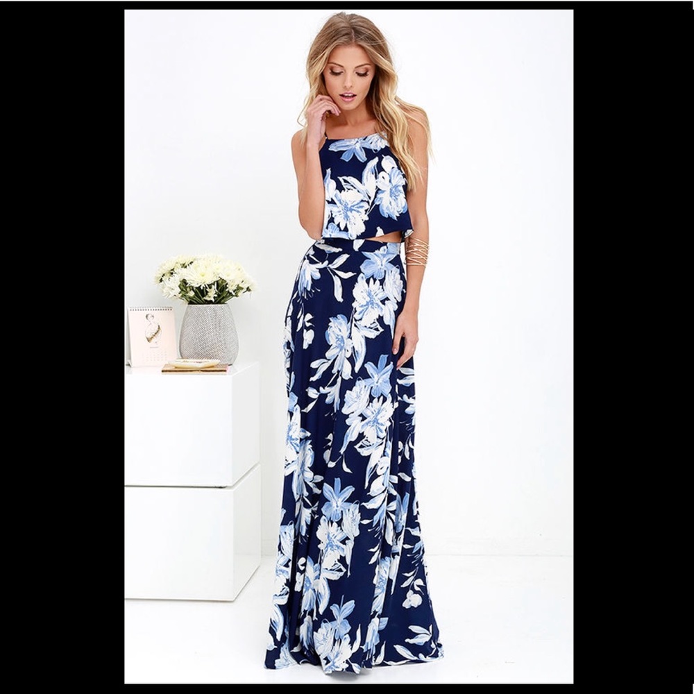 Navy Blue Floral Print Two-Piece Maxi Dress