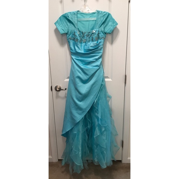 & Co. Dresses Short Sleeve Modest Blue Long Aline Prom Dress