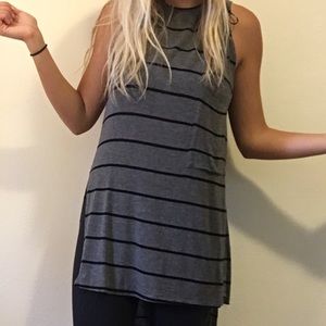 Gray and black striped high low tank top