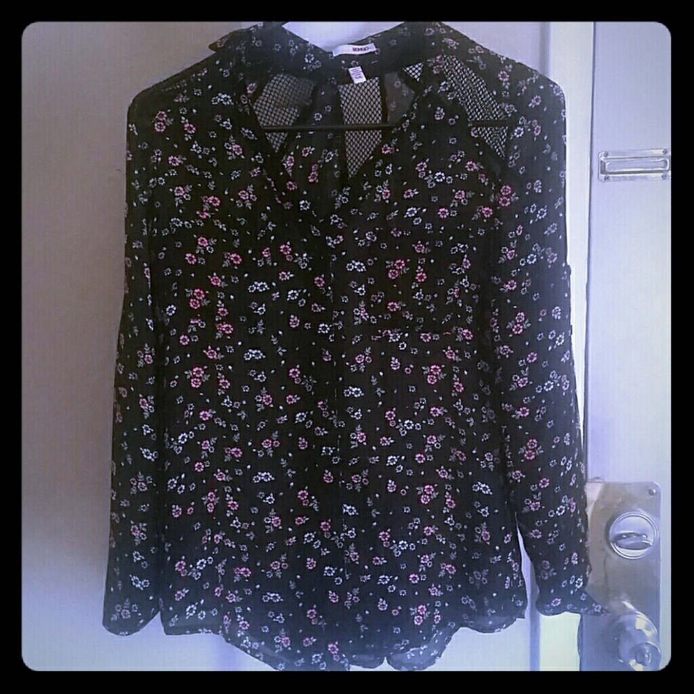 Button up long sleeved floral print and blue shirt