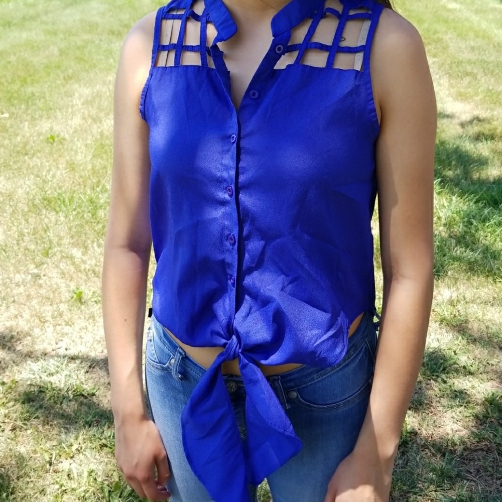 Royal Blue Tie Front Caged Top