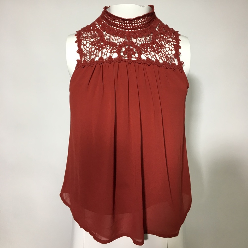 High Neck, Crochet, Auburn, Sleeveless Blouse