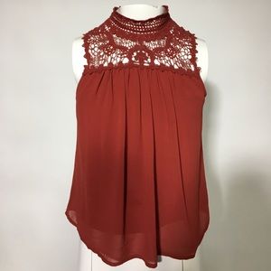 High Neck, Crochet, Auburn, Sleeveless Blouse