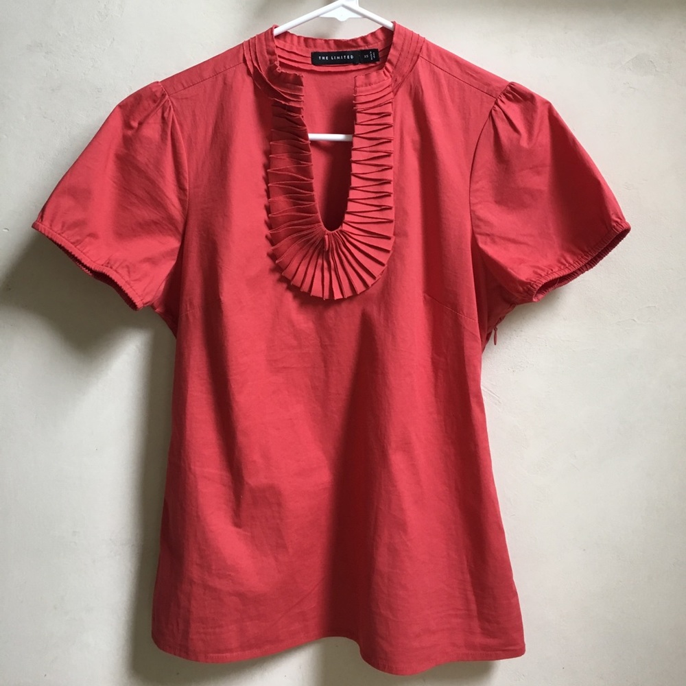 Limited XS Orange Pleated Neck Cap Sleeve Blouse