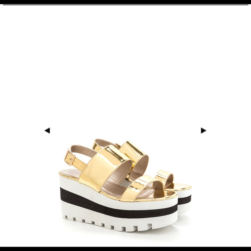 Shiny metallic striped platform wedge sandals