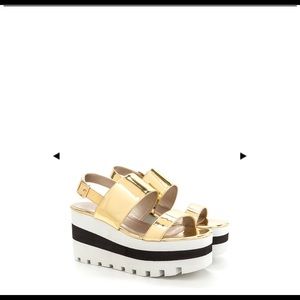 Shiny metallic striped platform wedge sandals